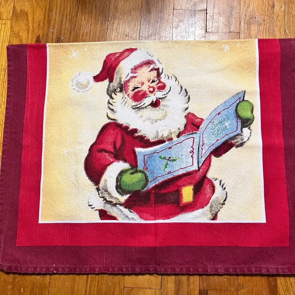 Williams Sonoma Festive Santa Christmas Wash Tea Dish Towel - Red and Gold
